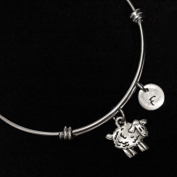 Sheep Charm Bracelet, Lamb Bangle Bracelet, Animal Charm Bracelet, Adjustable Bracelet, Stainless Steel Bracelet, Initial Bracelet qb31