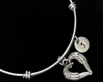 Bracelet de coeur aile d’ange, coeur Bracelet ailes, ailes Bracelet réglable, Bracelet en acier inoxydable, Bracelet initiale, qb95