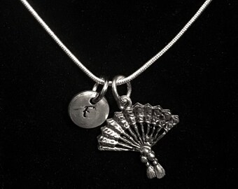 Asian Fan Sterling Silver Necklace, Fan Sterling Silver Necklace, Oriental Fan Sterling Necklace, Japanese Sterling Necklace qb92