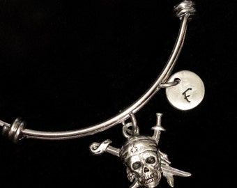Pirate Skull Bangle, Skull Bracelet, Sword Bracelet, Personalized Bracelet, Adjustable Bracelet, Stainless Bracelet, Initial Bracelet qb98