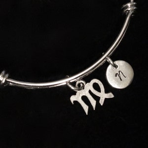 Virgo Bangle Bracelet, Zodiac Charm Bracelet,  Stainless Steel Bracelet, Expandable bangle, Initial bracelet, Personalized - qb115