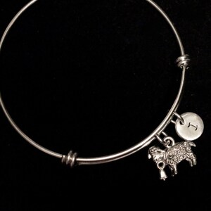 Sheep Charm Bracelet, Lamb Bangle Bracelet, Charm Bracelet, Adjustable Bracelet, Stainless Steel Bracelet, Initial Bracelet, qb6