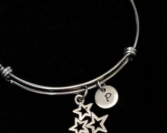 Star Bangle Bracelet, Patriotic Bracelet,  Star Charm, Stainless Steel Bracelet, Expandable bangle, Initial bracelet, Personalized- qb132