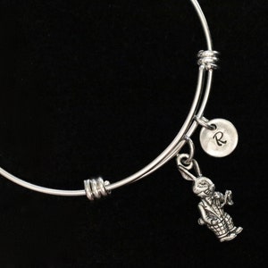 Alice in Wonderland Charm Bracelet, White Rabbit Bangle Bracelet, Adjustable Bracelet, Stainless Steel Bracelet, Initial Bracelet qb43