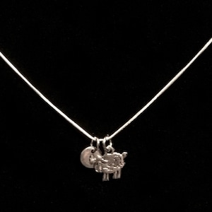 Op de afbeelding: Een zilveren ketting met een zilveren bedel in de vorm van een schaap en een zilveren ronde bedel.