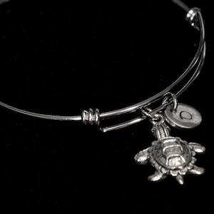 Turtle Bangle Bracelet, Turtle Bracelet, Turtle Charm, Stainless Steel Bracelet, Expandable bangle, Initial bracelet, Personlaized - qb142