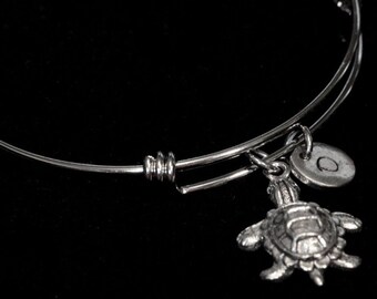 Turtle Bangle Bracelet, Turtle Bracelet, Turtle Charm, Stainless Steel Bracelet, Expandable bangle, Initial bracelet, Personlaized - qb142