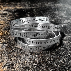 Hand Stamped Bracelet- Wanderlust Bracelet, Travel Bracelet, Explore Bracelet, Adventure Awaits Bracelet, The Mountains Are Calling Bracelet