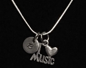 Music Sterling Silver Necklace, I Love Music Sterling Silver Necklace, Music Teacher Sterling Silver Necklace qb144