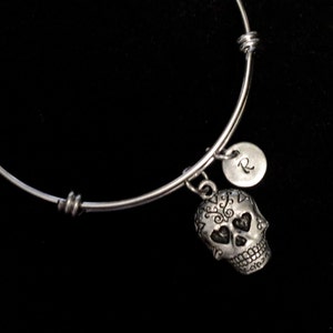 Sugar Skull Stainless Steel Charm Bracelet, Day of the Dead Bracelet, Adjustable Bracelet, Stainless Steel Bracelet, Initial Bracelet qb65
