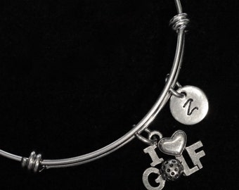 I Love Golf Bracelet, Golf Ball Bangle Bracelet, Golfing Bracelet, Adjustable Bracelet, Stainless Bracelet, Initial Bracelet qb58