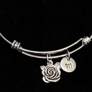 Rose Bangle Bracelet, Flower Bracelet,  Rose Charm, Garden Bangle, Stainless Steel Bracelet, Expandable bangle, Initial bracelet- qb135