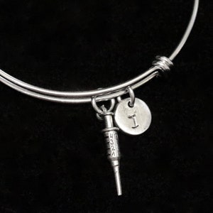 Syringe Bangle Bracelet, Nurse Bracelet,  Medical Charm, Doctor Bangle, Stainless Steel Bracelet, Expandable bangle, Initial bracelet- qb136