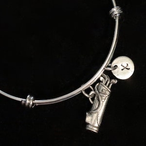 Golf Bag Charm Bracelet, Golf Club Bangle Bracelet, Adjustable Bracelet, Stainless Steel, Initial Bracelet, Personalized, qb60
