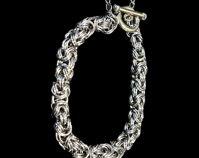 Featured listing image: Black Ice Byzantine Bracelet with Moonstone & Leaf Charm – 7" Double‑Woven