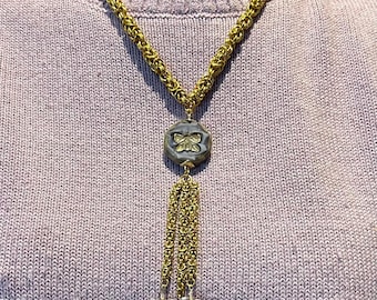 Gold‑Tone Byzantine Chainmaille Necklace with Butterfly Focal – 21" with Tassel Pendant
