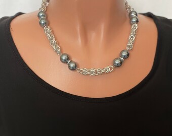 Necklace with silver Byzantine weave chainmaille and 14mm gunmetal colored glass pearls - 20" long