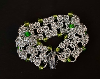 Silver Chainmaille Bracelet: Bold Byzantine Weave with Green Czech Glass
