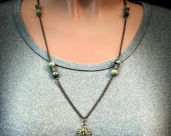 Pendant leaf necklace with bronze wheat chain and African Turquoise Beads - 26" long