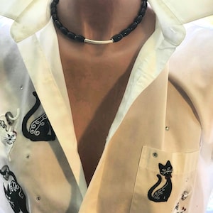 Obsidian Beaded Choker Necklace and earring set/Gold-sheen obsidian beads with silver accent tube and matching earrings/Beaded Jewelry