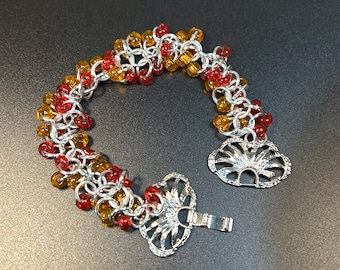 Ember Fringe Bracelet – Red & Orange Czech Glass in Shaggy Chainmail