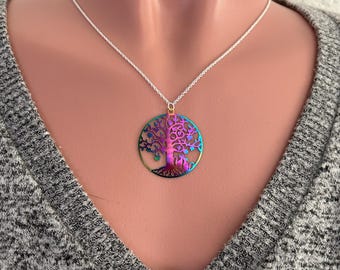 Multicolor tree of life pendant necklace on .925 sterling silver chain. Gift for her.