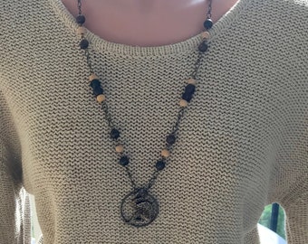 Pendant Necklace with flamingo pendant and wood beads