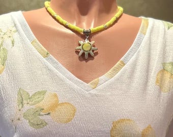 Pendant Necklace - Yellow and Silver Sunburst 18"