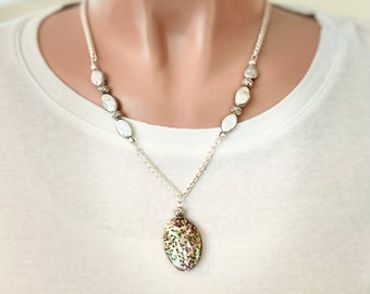 Pendant necklace with abalone and freshwater pearl on silver wheat chain