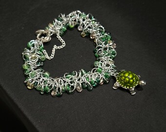 Green fringe bracelet with shaggy loop chainmaille and turtle charm