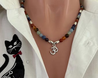 Necklace with Chakra gemstone beads and Silver Om charm 17" with 3" extender