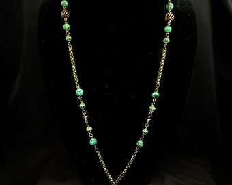 Pendant Necklace with bronze wheat chain, African turquoise beads and a green patina focal 31" long