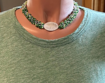 Necklace Silver Chainmaille with green beads 18" with 2" Extender