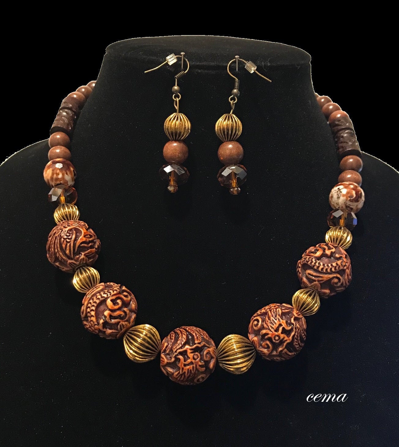 Brown Resin and Brass Beaded Necklace and Earring Set/beaded - Etsy