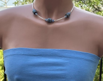 Blue Filigree Bead Necklace, Silver Wheat Chain, Handmade