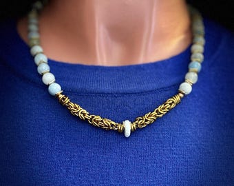 Aquamarine & Gold Byzantine Necklace – 20" Natural Stone Statement