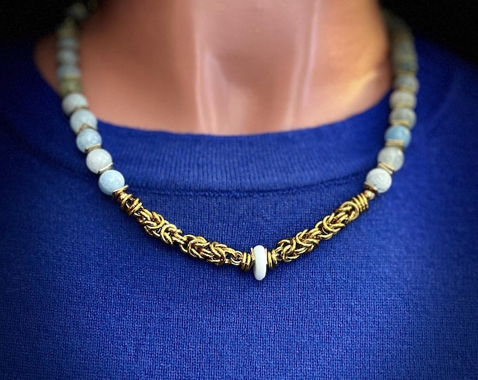 Featured listing image: Aquamarine & Gold Byzantine Necklace – 20" Natural Stone Statement