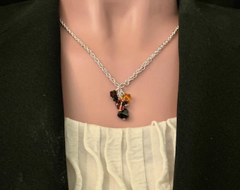 Necklace with Orange and Black Crystals on a Silver Chain - 20" long