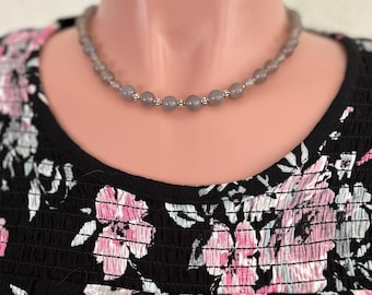 Necklace with grey chalcedony gemstones and silver spacer beads - 18" +3" extender