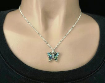 Necklace with paua abalone shell butterfly pendant on Figaro chain - 17"