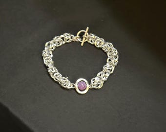 Byzantine Chainmaille Bracelet, Purple Bead, Anodized Aluminum