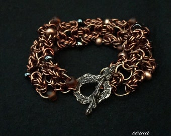Bronze Chainmaille Bracelet, Czech Glass Beads, Chunky Toggle Clasp
