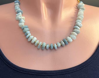 Soft Blue Aquamarine Chip Necklace with Gold Rope Chain – 20" Natural Stone