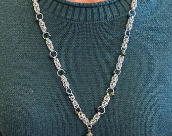 Silver Byzantine Chainmaille Necklace with Teal & Blue Beads – 28" with Tassel Pendant