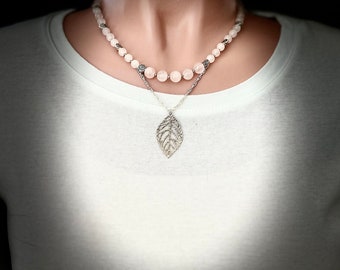 Necklace and matching earring set with rose quartz and silver leaf - 18" with 2.5" extender