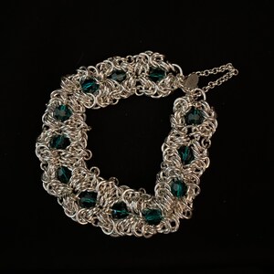 Sterling Silver Byzantine Rosette Bracelet with Green Swarovski Crystal/Gift for Her
