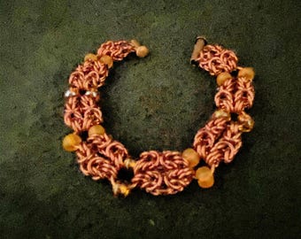 Bracelet.  Bronze two strand chain with Czech glass accent beads