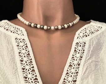 Necklace with white and beige freshwater pearls - 16" long with 2" extender