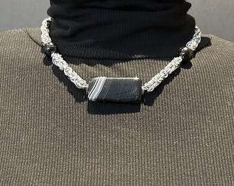 Silver Byzantine Chainmaille Necklace with Black Sardonyx – 20" with Tourmaline Accents