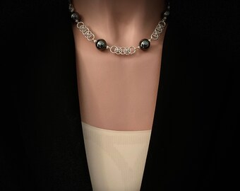 Necklace and earring set.   .925 sterling silver helm chain and 14mm black hematite beads